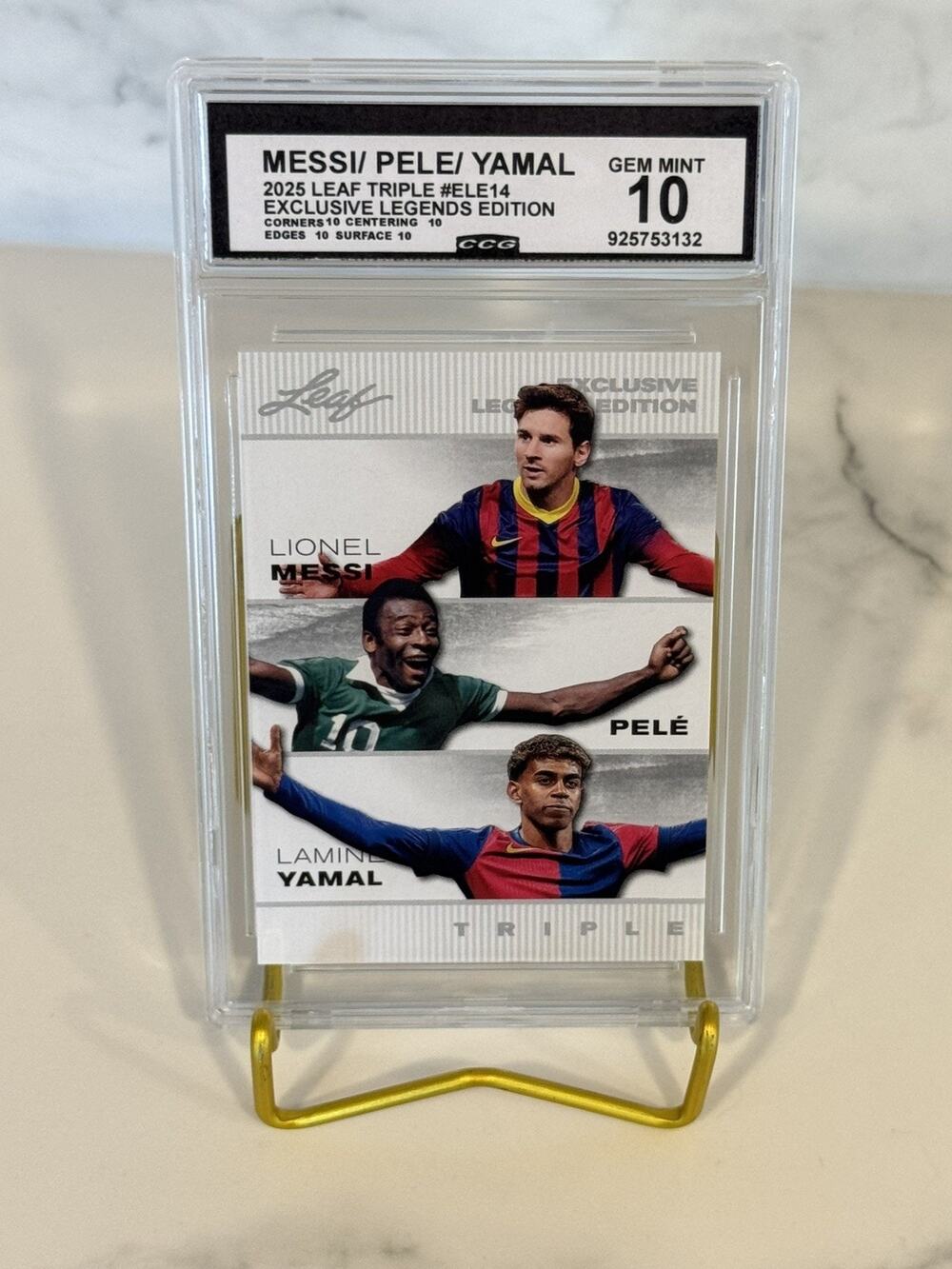 Messi / Pelé / Yamal 2025 Leaf Triple #ELE14 Exclusive Legends Edition Gem 10